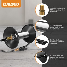 Pressure Washer Hose Reel 100 Ft, 3/8" Heavy Duty Retractable Pressure Washer Reel with Hand Crank, 4000 Psi Power Washer Hose Reel, Swivel Arm and Mounting Bracket