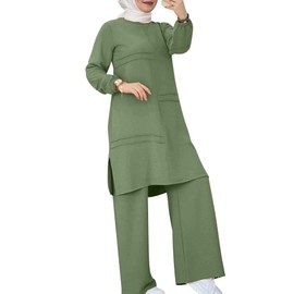 Abaya Kaftans for Women Modern Elegant Dubai Caftan Arabic Party Wear Beach Kaftan Dress Top Wide Leg Pants Prayer Clothes for Muslim Women Muslim Clothes Eid Ramadan Outfit Sage Green cc 2XL