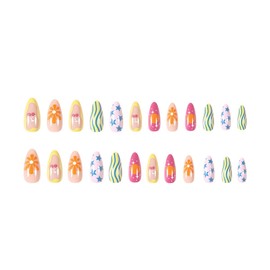 ONPRESS 24Pcs Summer Colorful Press on Nails Medium Almond Fake Nails with Blue Stat Wavy Lines Design Flower Cherry Glue on Nail Geometric Irregularity False Nails Acrylic Stick on Nail for Women