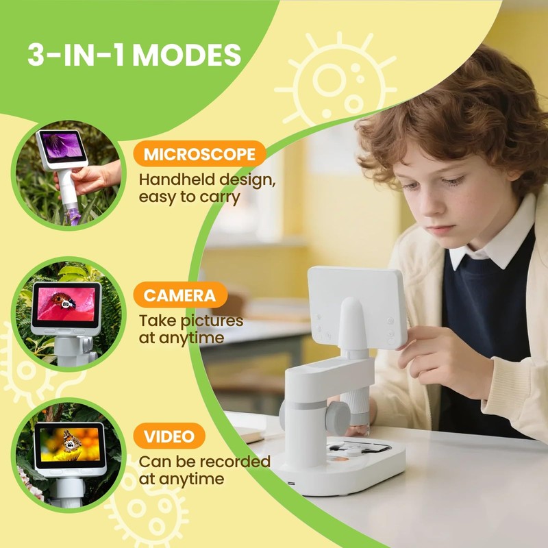 Digital Microscope for Kids, 100x-1600x Portable Microscope with 8 Adjustable