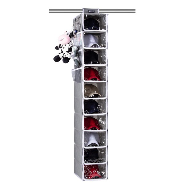 KEEGH Hat Organizer for Closet Hanging Hat Rack Cap Holder Closet Organizer for Baseball Storage 10 Shelf Cap Organizer with Dust Cover and Side Mesh Pockets