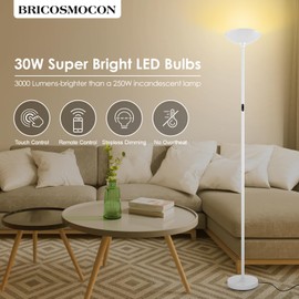 Bricosmocon Stepless Dimmable Floor Lamp,30W 3000LM Super Bright LED Torchiere Floor Lamps with Remote & Touch Control,71 in Tall Modern Standing Lamp for Living Room Bedroom Office,2700k-6500k,White