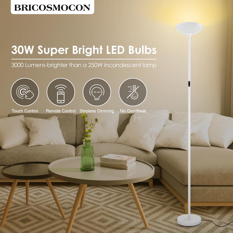 Bricosmocon Stepless Dimmable Floor Lamp,30W 3000LM Super Bright LED Torchiere