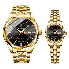 JewelryWe Couple Watches Gift Set: Romantic Pair His and Hers Wrist Watches Gold Black Analog Quartz Dress Waterproof Luminous Calendar Casual Men Women Lovers Wedding Wristwatch