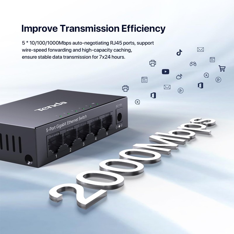 Tenda TEG1005M 5 Port Gigabit Switch, Unmanaged Ethernet Switch, Network