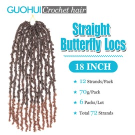 GUOHUI Butterfly Locs Crochet Hair 18 Inch Ombre Light Brown 6 Packs All Handmade Pre Looped Soft Distressed Faux Locs Braids for Women Kids (18", T30)