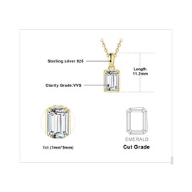 JewelryPalace Emerald Cut 1ct Moissanite Chain Pendant, Bridal Simulated Diamond Jewellery Set, Women's 925 Silver Necklace with Stone, Jewellery Girl Gift, Women, Rose Gold, 45 cm, Gemstone,