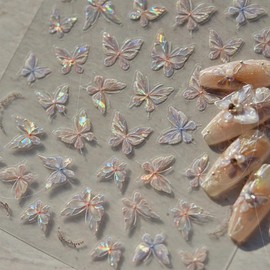 IDDFEVE 6 Sheets Butterflies Nail Art Stickers, 3D Self-Adhesive Shining Aurora Shell Nail Decals for Women, Laser Butterfly Design for DIY Nail Supplies Decoration