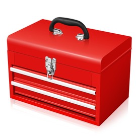 Auto Dynasty 14" Portable Tool Box Steel Metal Tool Boxes with 2 Drawers and 1 Top Storage Toolbox Organizer for Garage, Office and Home Storage, Red