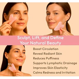 Herramienta facial Gua Sha de cuarzo rosa, cristal en forma de corazón para hinchazón, drenaje linfático, escultura facial y relajación, piedra tallad