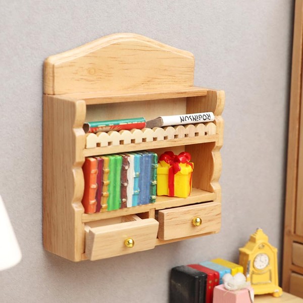 Miniature Wooden Wall Cabinet, 1:12 Scale Dollhouse Furniture, 2 Drawers