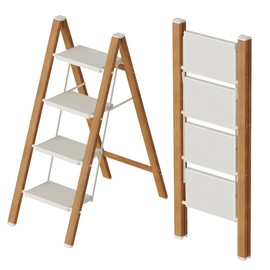 Mayi Plus 4 Step Lightweight Aluminum Folding Ladder, Portable Step Stool with Anti-Slip Pedals, 330 lbs Capacity for Home, Office, Kitchen（White&Woodgrain）