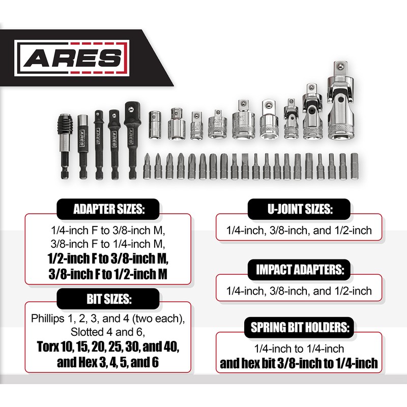 ARES 70751 - 34-Piece Socket Accessory Set - Includes Adapters,