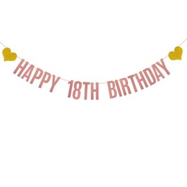 HAPPY 18TH BIRTHDAY Banner,Pre-Strung,Rose Gold Glitter Paper Garlands for Girl's 18 Years Old 18TH Birthday Party Decorations,Letters Rose Gold,ABCpartyland