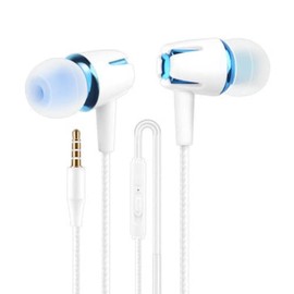 Earphones, Wired Microphone, White x Blue, Stylish with Buttons, Call Capable, In-Ear Earphone Jack, 0.14 inch (3.5 mm), Deep Bass