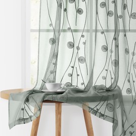 HOMEIDEAS Sage Green Sheer Curtains 52 X 63 Inches Length 2 Panels Embroidered Wave Line with Spiral Pattern Pocket Faux Linen Semi Sheer Voile Window Curtains/Drapes for Bedroom Living Room