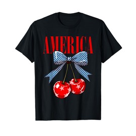Cute America Cherries Coquette Bow Funny Cherry 4th Of July T-Shirt