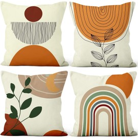 Abstract Cushion Cover, Uiiooazy Cushion Covers, Boho Terracotta Green Leaves, Sun Bow Pattern, Square Cushion Cover, Velvet Decorative Cushion Cover for Sofa, Couch, Bedroom, Living Room, Car, Set of