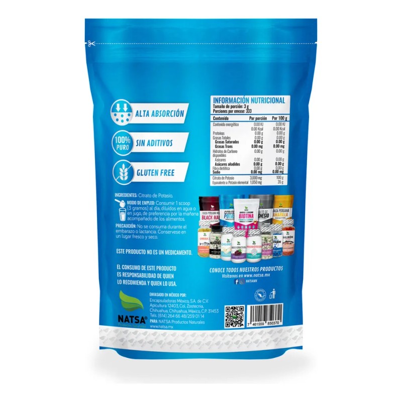 Citrato De Potasio, Calidad Premium, Bolsa 1 Kg Sabor Natural