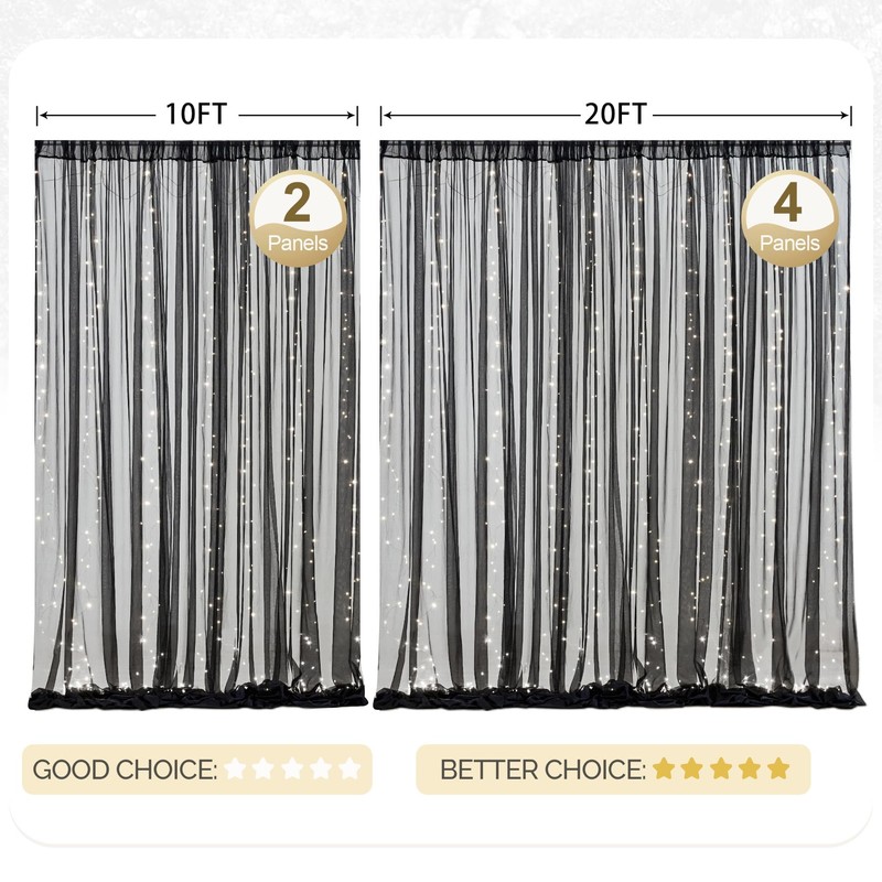 30x8ft Black Tulle Backdrop Curtain with Lights String for Parites,