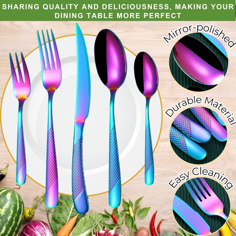 Vilihkc Hammered Silverware Rainbow 20 Pieces Stainless Steel Flatware Set