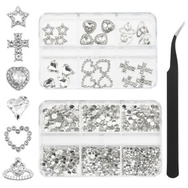 QIUTIMIY 30 PCs 3D Luxury Nail Art Charms + 650 PCs Rhinestones and Tweezers Kit Crystals Diamonds Jewelry Stones(White)