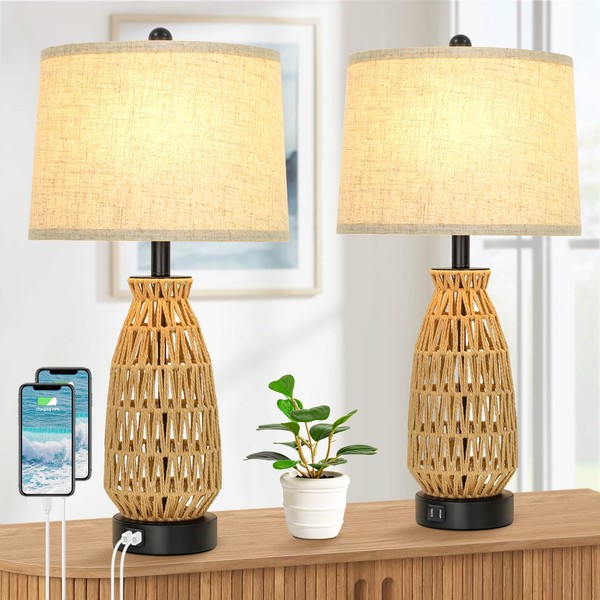 Set of 2 Rattan Table Lamps with 2 USB Ports,