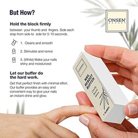 Onsen Secret Professional Nail Buffer Block | 4-Way Buffing for Natural Shine & Healthy Natural Nails - Includes 2 Extra Shine Pads, Salon-Quality, Po