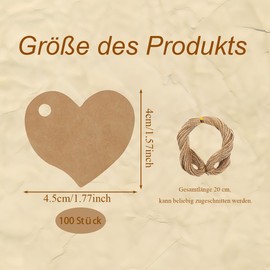 Pack of 100 Gift Tags Kraft Paper Tags Heart Tags with Jute String Heart Kraft Paper Pendant with String for Valentine's Day Wedding Gifts