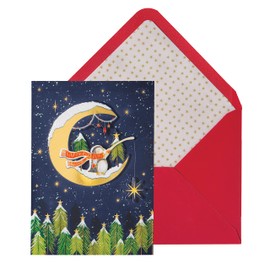 NIQUEA.D Christmas Card, Penguin On Moon, Includes a Holiday Sentiment and Coordinating Envelope (NCC-0030),multicolored,5" x 7"
