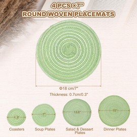 sourcing map 4 Pcs Round Woven Placemats, 7 Inch Braided Washable Placemat Heat Resistant Decorative Place Mat for Kitchen Dining Table Countertop, Green