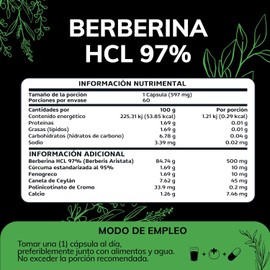 Quotidien | Berberina HCL 97% | 500mg de Berberina Clorhidrato, potenciado con Canela de Ceylán, Fenogreco y Cúrcuma estandarizada al 95% | VCaps Cápsulas de Tecnología Vegana | Berberine (Berberis Aristata) para 2 meses, 60 cápsulas