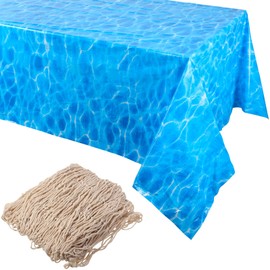 Tegeme Ocean Tablecloth Ocean Table Cover Fish Net Decorations 54 x 108 Inch Underwater Party Decor Ocean Waves Plastic Blue Ocean Birthday Nautical Fishnet Pirate Mermaid Table Cloths(2 Pieces)