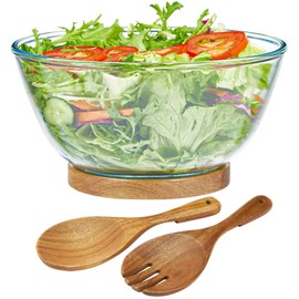 ROSOS Large Glass Salad Bowl, Glass Salad Bowl Set with Acacia Wood Base and Salad Serving Utensils, Large Salad Bowl Set for Party Hosting Essentials & Kitchen Essentials