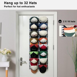 ETOWIFA Hat Organizer Rack for Baseball Caps [Up to 32] Hat Holder Over the Door for Closet with 8 Felt Bands, Multifunctional Non-Drilled Hat Storage for Room, College Dorm - B&W Grid