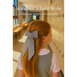 ClassExceed Extra Large Long Tail Jumbo Size School Uniform Plaid Girls Hair Bow with French Barrette (Houndstooth)