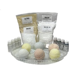 Complete Bath Bomb Starter Kit, 2 lbs. Baking Soda, 1 Lb. Citric, 1 lb. Corn Starch, 1 lb. Epsom Salt, 4 x 1 oz. fragrances, 4 x 1 oz. FD&C = Strawberry Red, Lemon Yellow, Sky Blue, Mint Green. Molds not included.