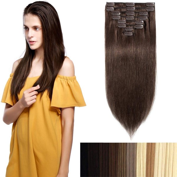 Clip-In Real Remy Real Hair Extensions, 8 Pieces, 18 Clips, Straight, 65 g, 20 cm (4 Medium Brown)
