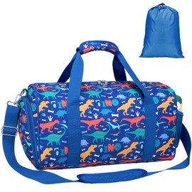 Bagseri Kids Duffle Bag Boys - Waterproof Sports Gym Bag for Travel Sleepover Overnight Bag with Shoe Compartment and Dry Wet Separation Pockets (Blue Dinosaur)