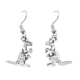 Kangaroo – 18x14mm - Silver alloy charm dangle earrings. Hypoallergenic Stainless Steel or Silver-Plated Fishhook or Ball Post Earring or Silver Tone Clip-on Options