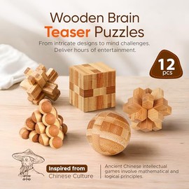 Wooden Brain Teaser Puzzles, 12pcs 3D Brain Teasers for Adults Teens Kids, Logic Mind Puzzle Box Lock Toy Removing Assembling Gift Set, Small Unique I