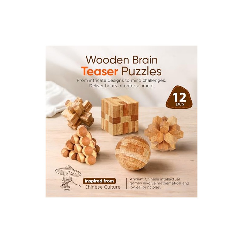 Wooden Brain Teaser Puzzles, 12pcs 3D Brain Teasers for Adults