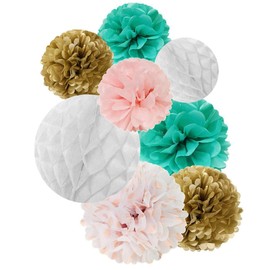 Wrapables A69799 Set of 32 Tissue Honeycomb Ball and Pom Poms Party Decorations for Weddings, Birthday Parties Baby Showers and Nursery Decor, Aqua/Light Pink/Gold/White
