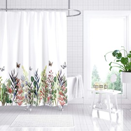 M&W DAS DESIGN Shower Curtain Colourful Flowers Butterflies Bathroom Textile Curtain Anti-Mould Effect Plants Washable Shower Curtain Bath Leaves Including 12 C-Rings Weight Bottom 200 x 220 cm (W x