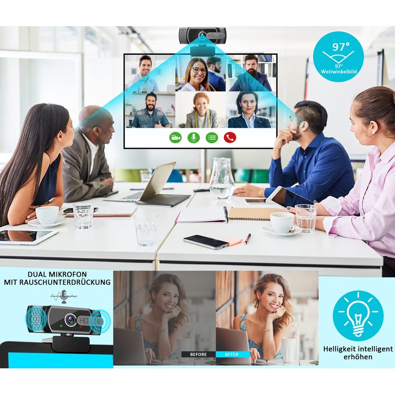 Neefeaer Full HD1080P Webcam with Microphone, Automatic Light Correction, USB
