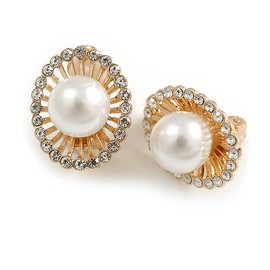 Clear Crystal White Faux Pearl Oval Clip On Earrings in Gold Tone/20mm Tall