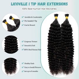 Kinky Curly I Tip Hair Extensions Human Hair, Natural Black Curly I Tip Extensions Real Human Hair 14 Inch Cold Fusion Remy Hair Extension Kinky Curly I Tips for Black Women 100 Strands 50Grams