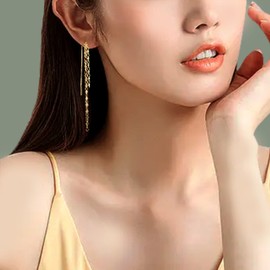 Sonateomber Long Gold Chain Threader Earrings for Women - Flake Tassel Drop Dangle Cute Y2k Sparkly Chandelier Fringe Dangling Prom Thread Jewelry Gift