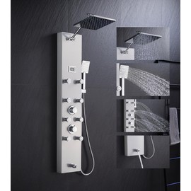 MENATT 304 Stainless Steel Shower Panels System with 8 Body Jets, Shower Tower with Adjustable 9 inch Rainfall Shower Head, Handheld Shower Wand, Brushed Nickel