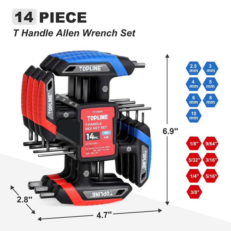 Topline 14-Piece T-Handle Hex Key Set, Metric&SAE, Long Arm Hex